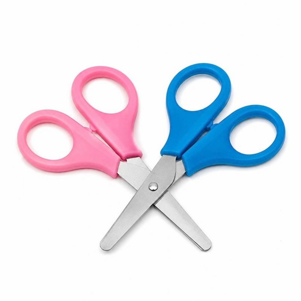 Two kids scissors with pink and blue handles and blunt tips