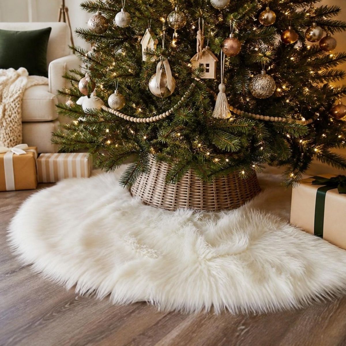 Fluffy white faux fur tree skirt under a decorated tree