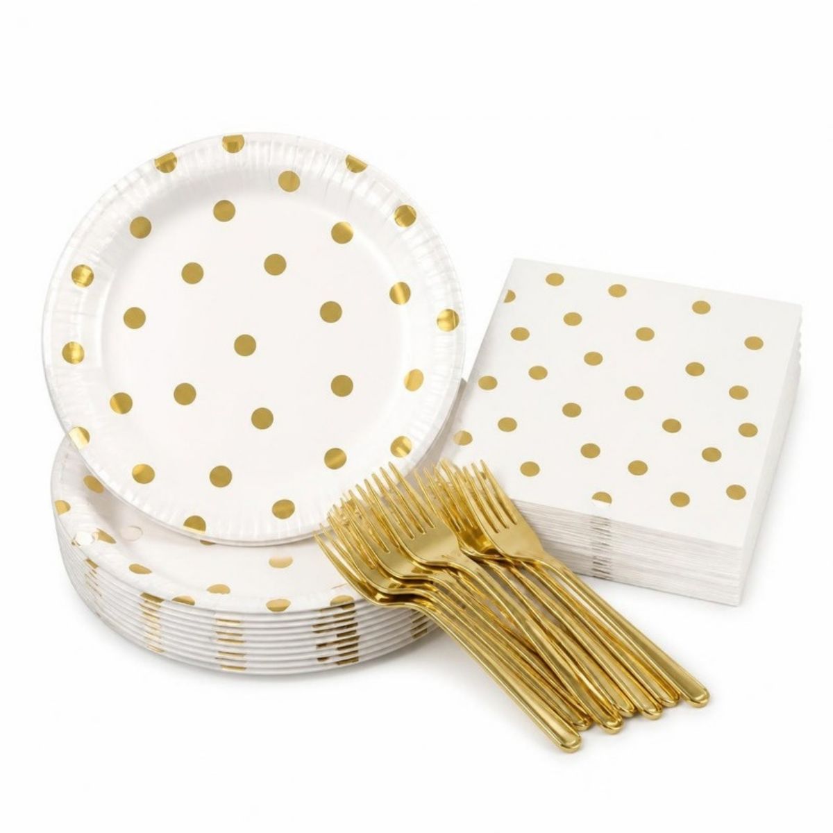 White paper plates and napkins with gold dots, with gold forks