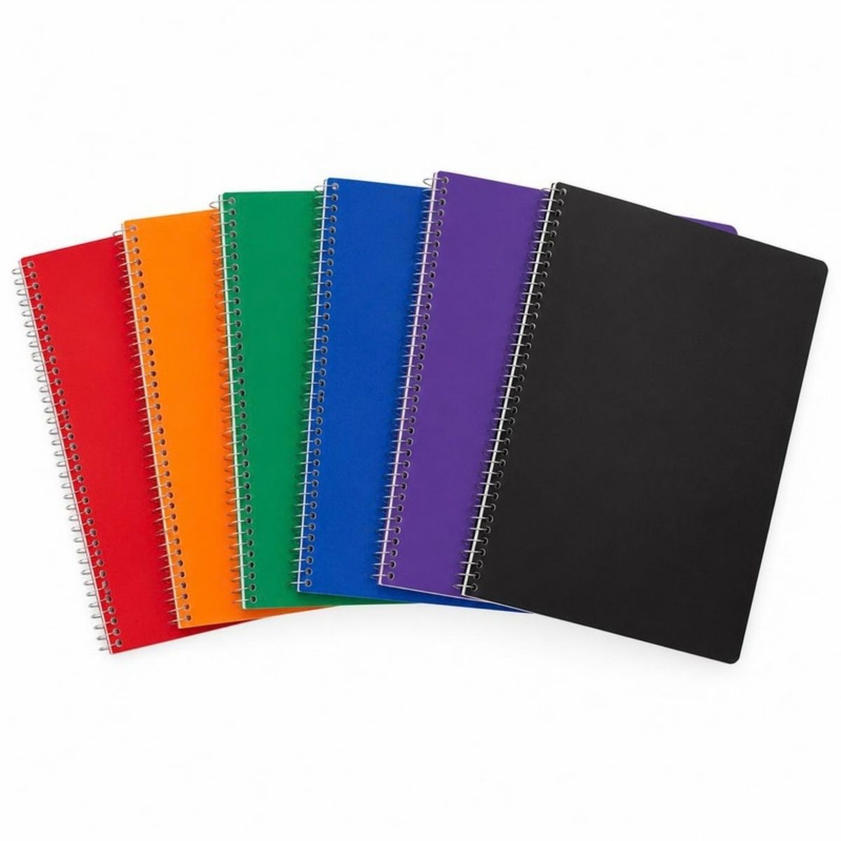 Six spiral notebooks in red, orange, green, blue, purple and black