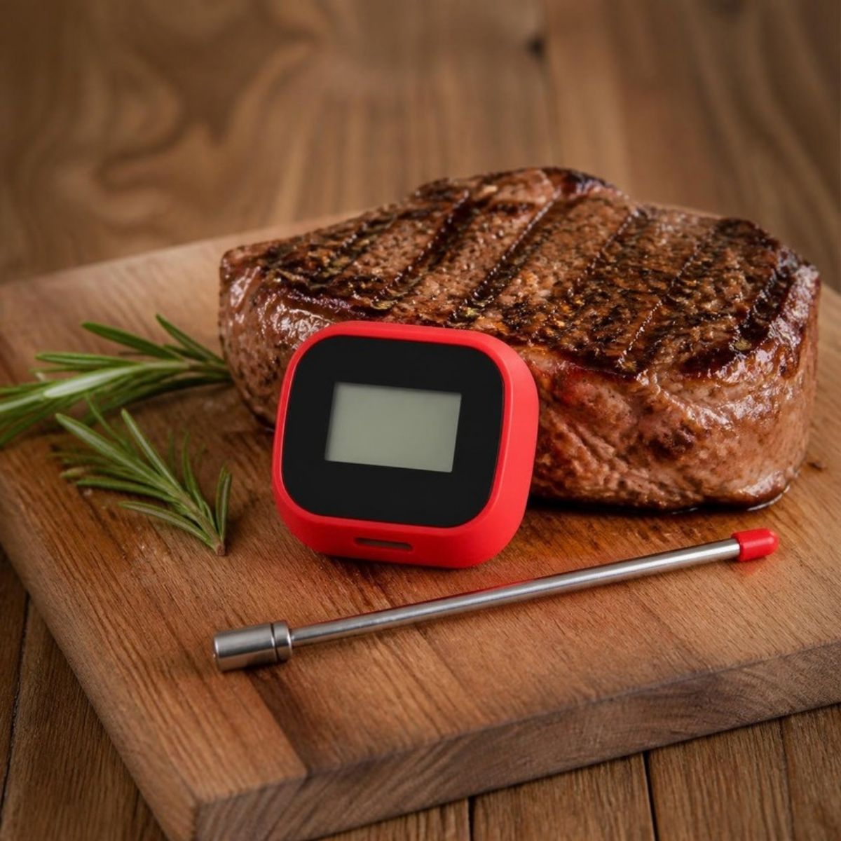 Red wireless meat thermometer display and probe beside a steak