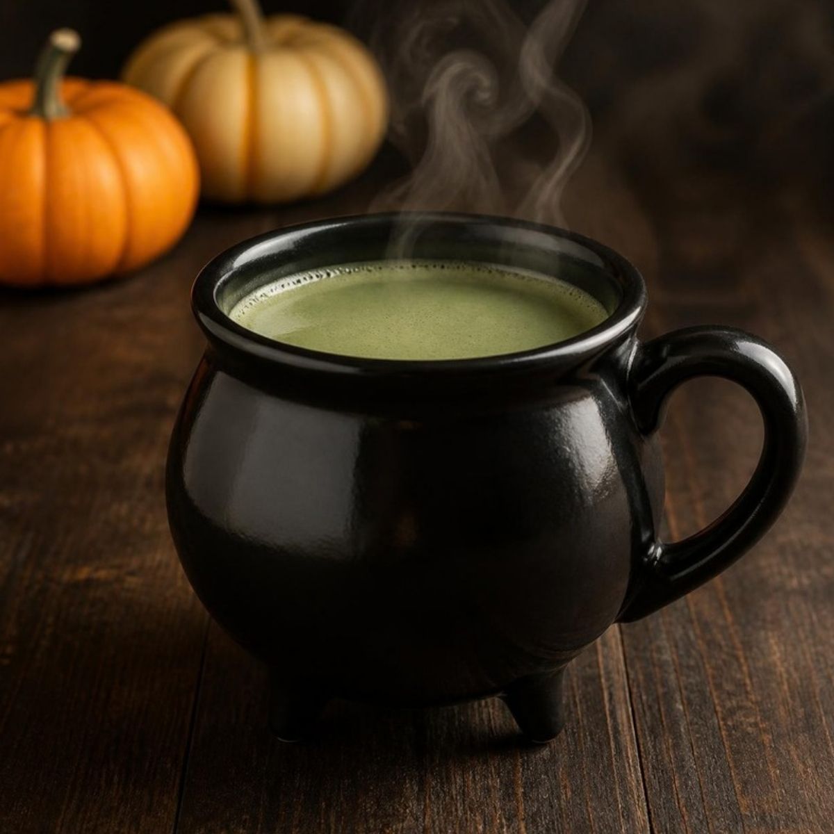 Black cauldron-shaped mug with a steaming green drink