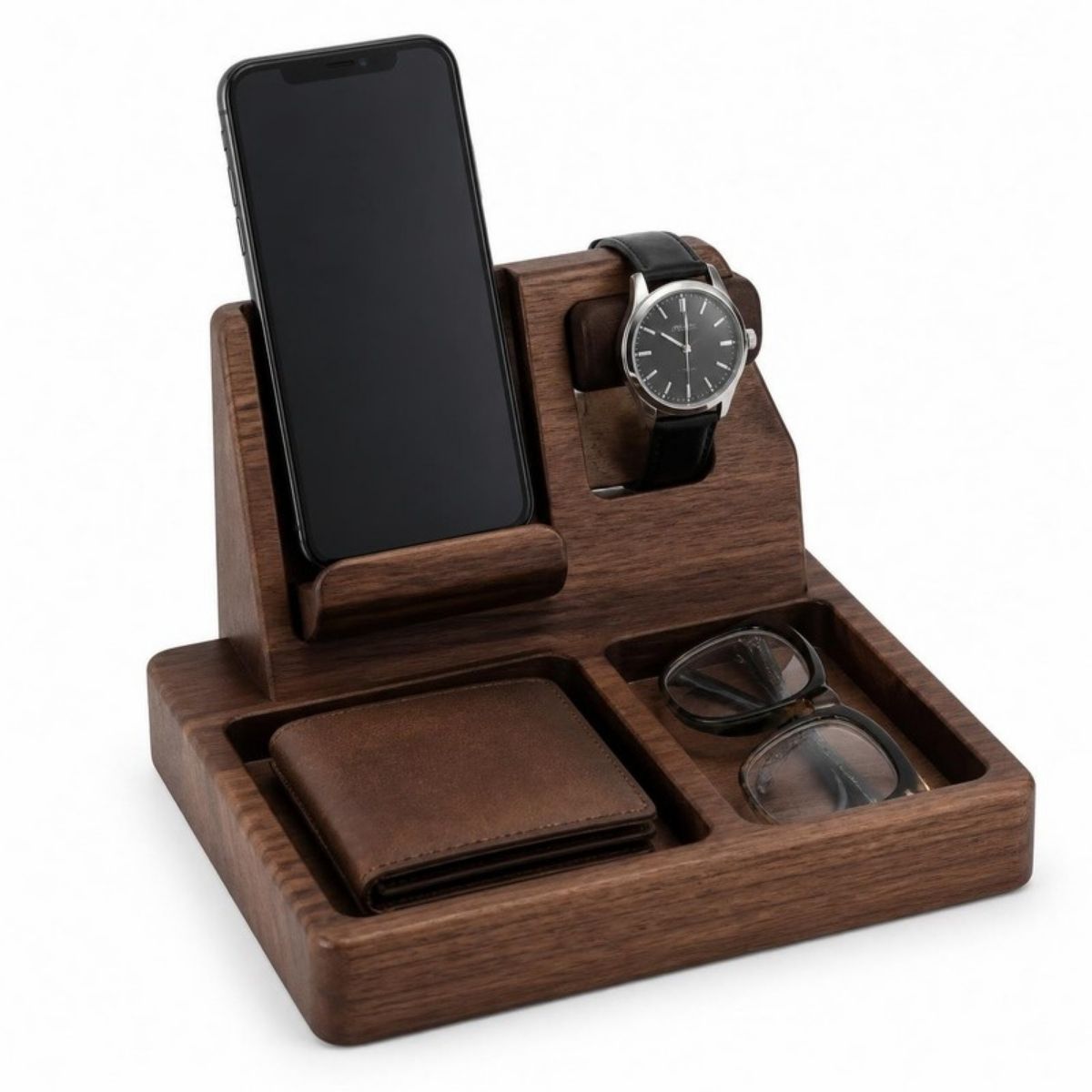Dark wood nightstand organizer holding a phone, watch, wallet and glasses