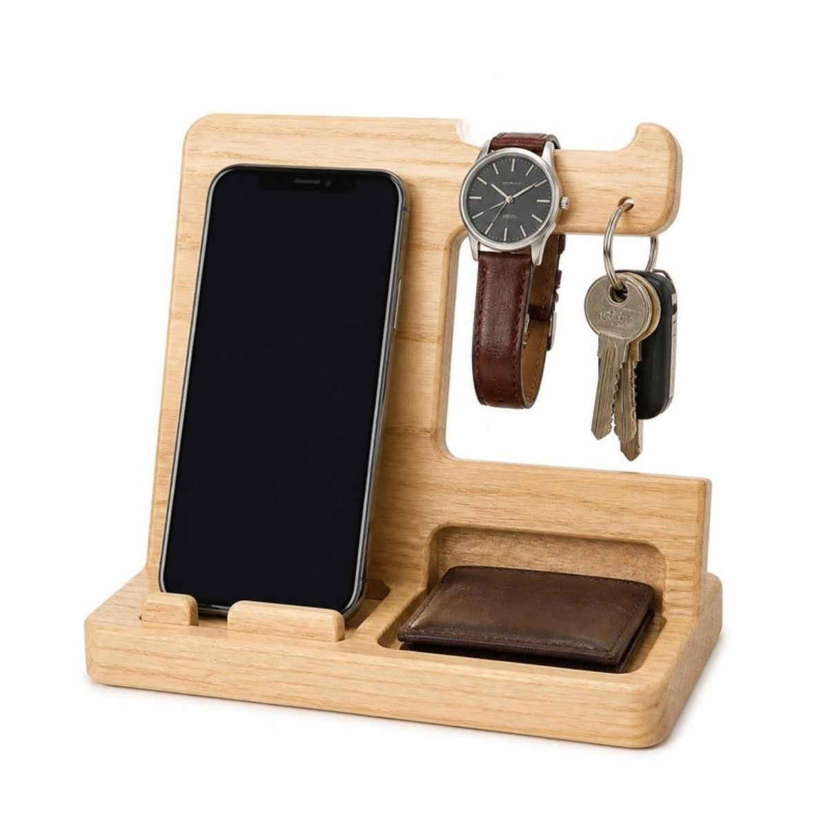 Light wood organizer stand holding a phone, watch, keys and wallet