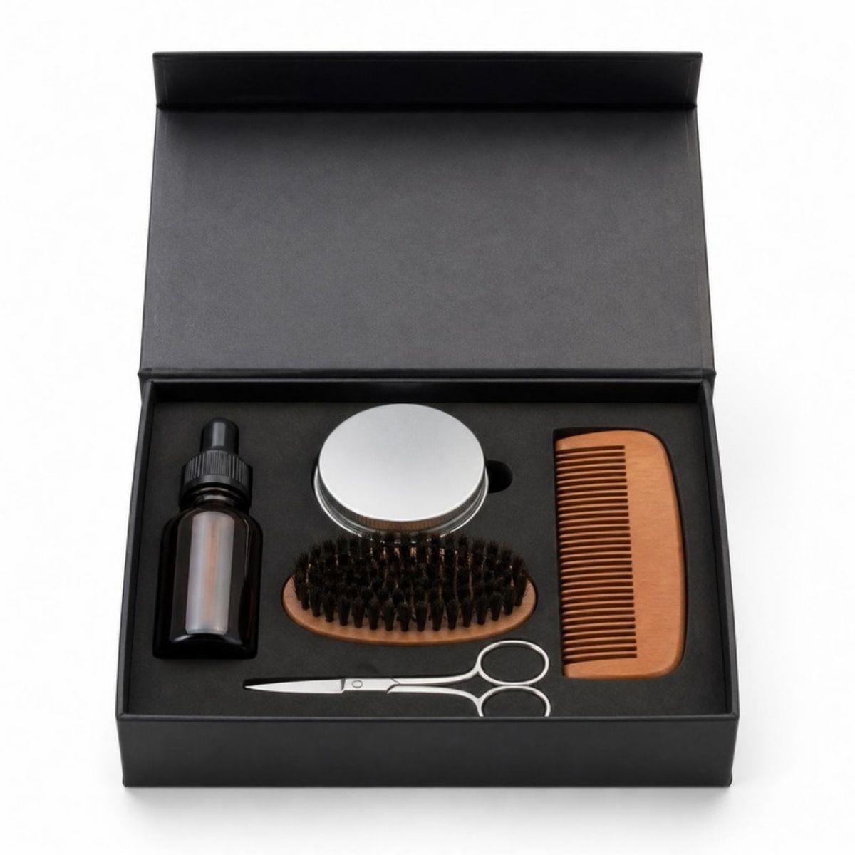 Black beard care kit with oil, balm, comb, brush and scissors