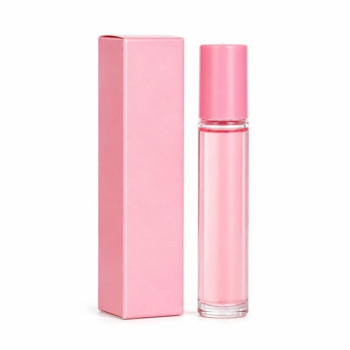 Small pink roll-on perfume oil bottle with a pink box