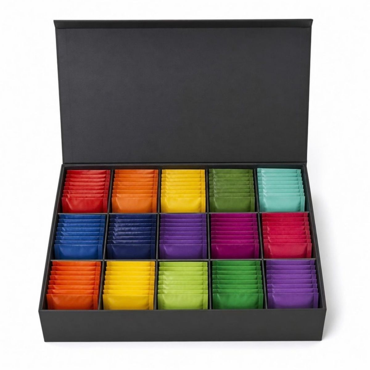Black gift box with rows of colorful tea packets